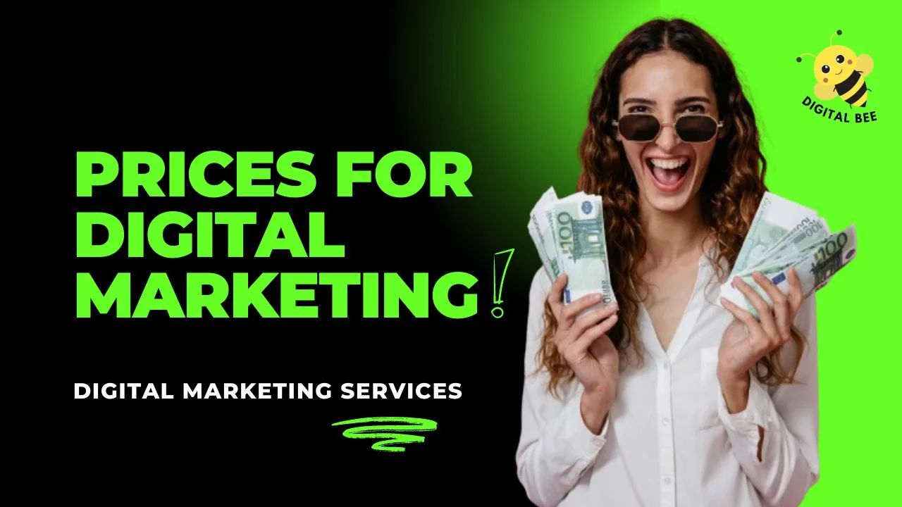 A cheerful woman wearing a white blouse and round sunglasses holds European Union banknotes in both hands.The image displays the Digital Bee for Digital Marketing services price list 2024.