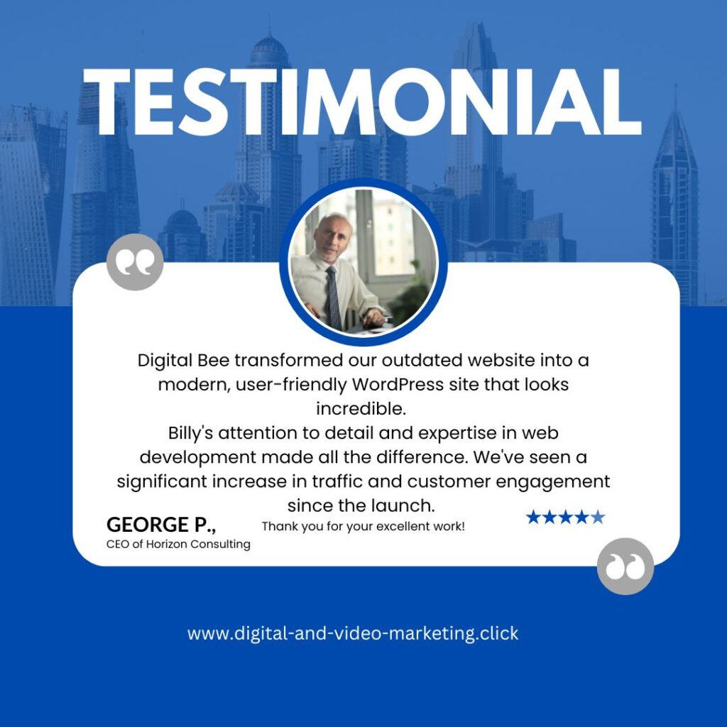 Digital Bee transformed our outdated website into a modern, user-friendly WordPress site that looks incredible. Billy's attention to detail and expertise in web development made all the difference. We've seen a significant increase in traffic and customer engagement since the launch. Thank you for your excellent work!