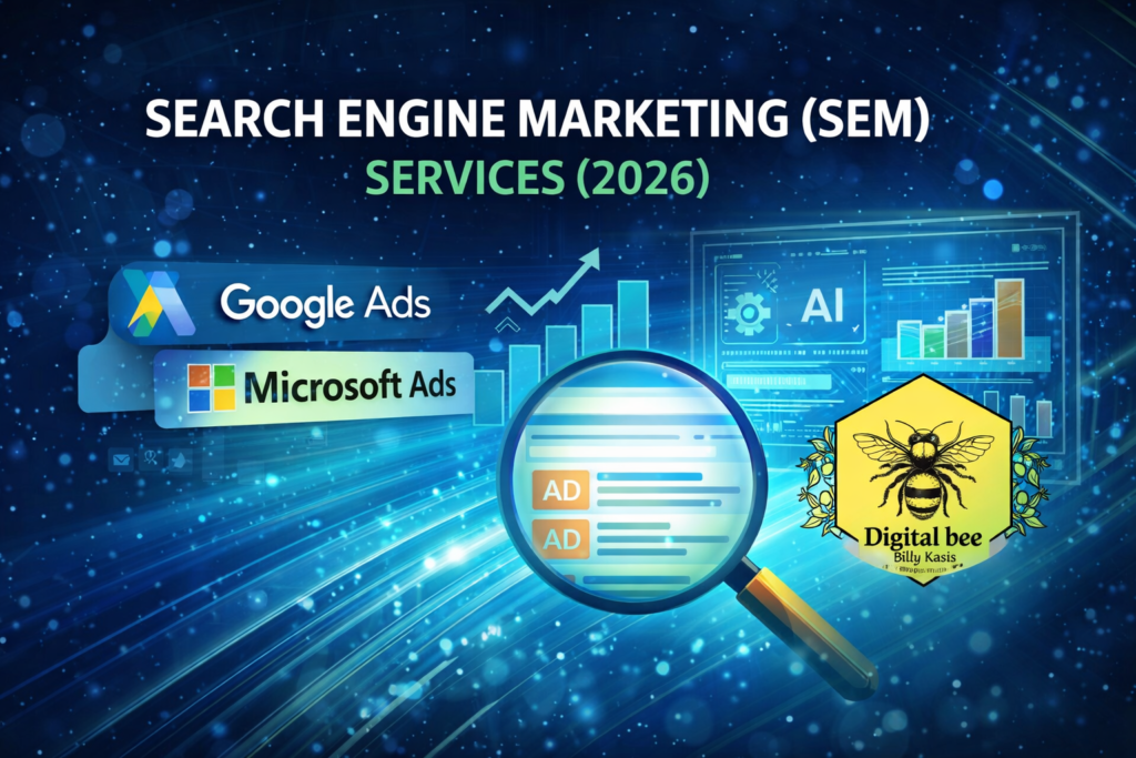 Search Engine Marketing (SEM) services for 2026 showing Google Ads, Microsoft Ads and AI-driven paid search growth strategy