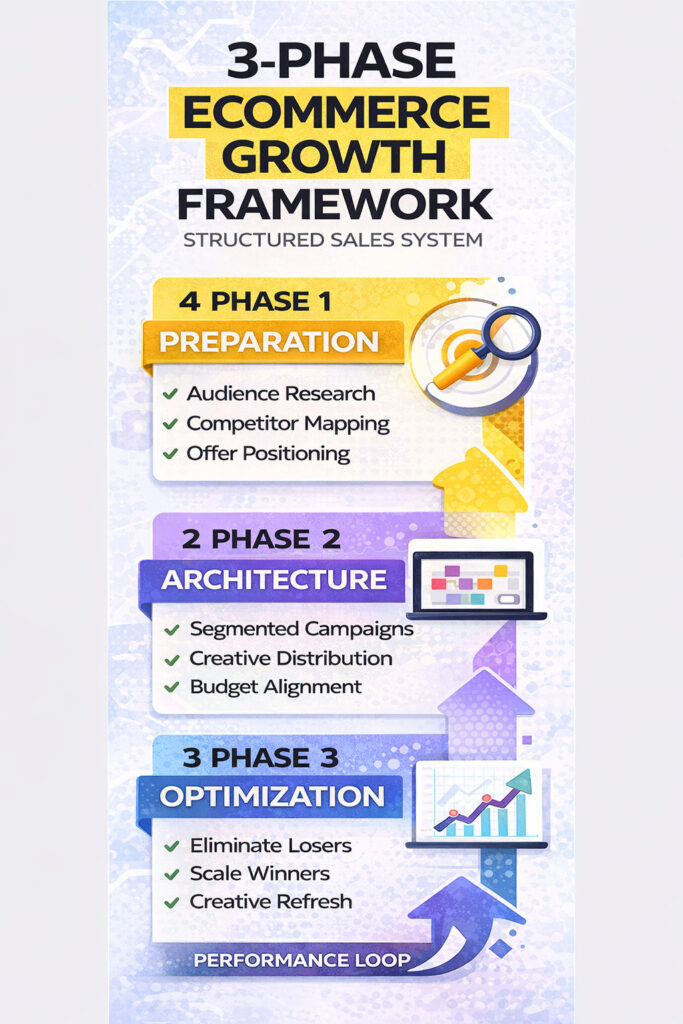 3-phase ecommerce growth framework infographic showing preparation, campaign architecture and optimization strategy for high converting ecommerce ads management