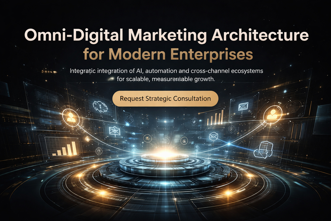 AI-powered omni-digital marketing architecture showing integrated automation systems, analytics dashboards, CRM workflows and omnichannel growth strategy for modern enterprises.