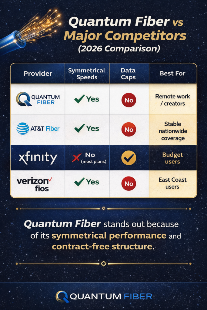 Quantum Fiber vs AT&T Fiber vs Xfinity vs Verizon Fios 2026 comparison infographic showing symmetrical speeds and no data caps