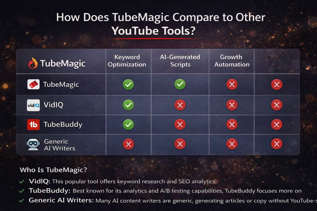 This infographic compares TubeMagic, VidIQ and TubeBuddy in 2026, highlighting differences in AI-generated scripts, keyword optimization and YouTube growth automation tools. It helps creators understand which platform fits their content strategy best 2026.