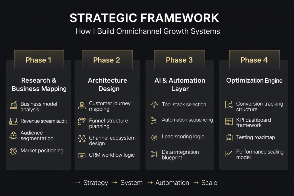 Omni-Digital Marketing strategic framework showing 4 phases: research, architecture design, AI automation layer and optimization engine for scalable business growth
