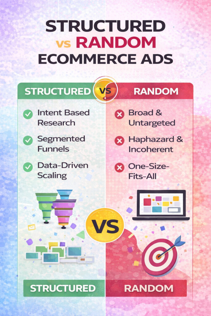 Structured vs random ecommerce ads comparison infographic showing intent-based research, segmented funnels and data-driven scaling versus broad untargeted campaigns